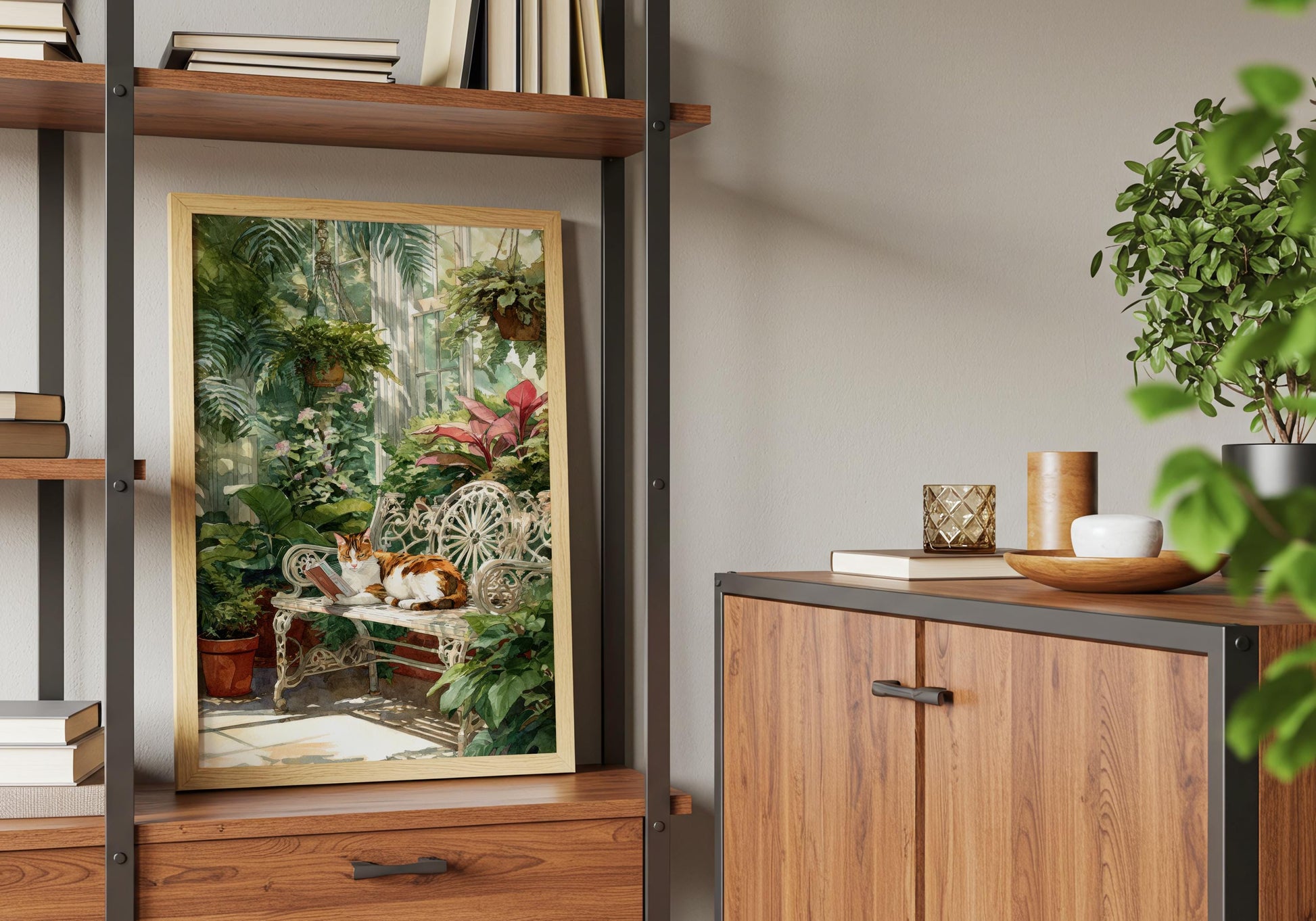 Calico Cat in Conservatory Garden Print | Cozy Wall Decor | Book Lover Gift | Book Nook Poster | Book Art | Aesthetic Room Art | Home Decor - Book Poster Art Print Decor Bookish
