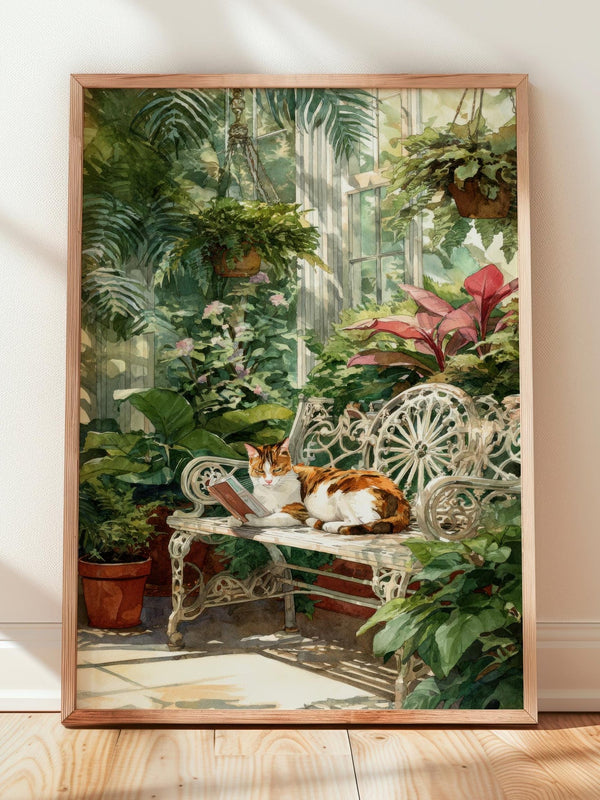 Calico Cat in Conservatory Garden Print | Cozy Wall Decor | Book Lover Gift | Book Nook Poster | Book Art | Aesthetic Room Art | Home Decor - Book Poster Art Print Decor Bookish