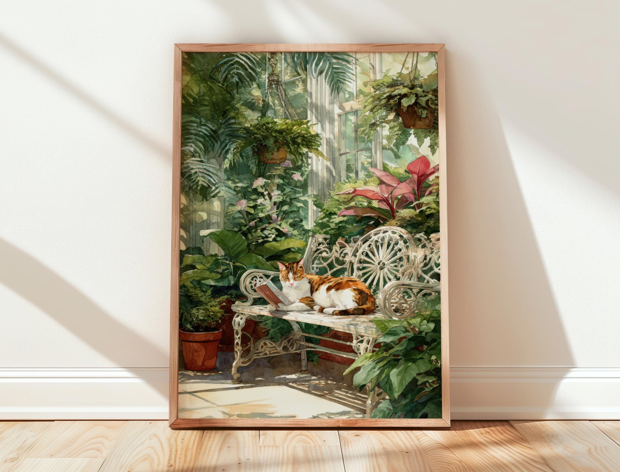 Calico Cat in Conservatory Garden Print | Cozy Wall Decor | Book Lover Gift | Book Nook Poster | Book Art | Aesthetic Room Art | Home Decor - Book Poster Art Print Decor Bookish
