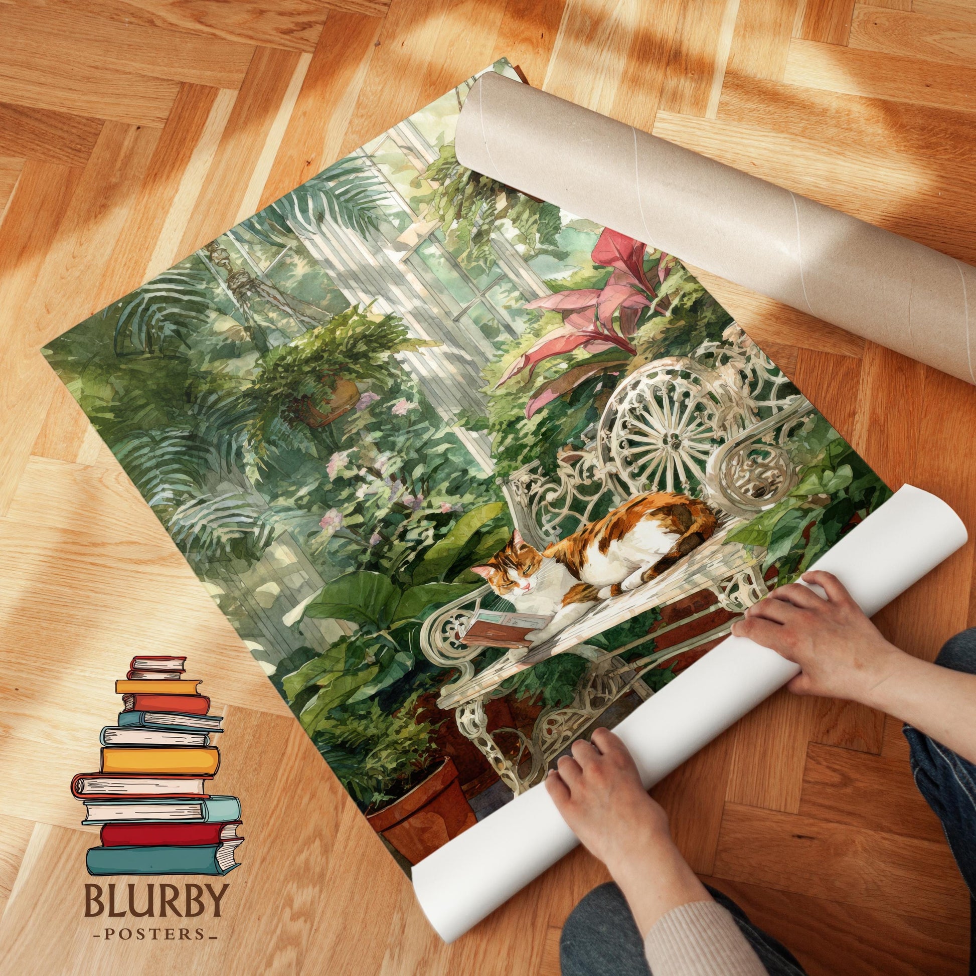 Calico Cat in Conservatory Garden Print | Cozy Wall Decor | Book Lover Gift | Book Nook Poster | Book Art | Aesthetic Room Art | Home Decor - Book Poster Art Print Decor Bookish