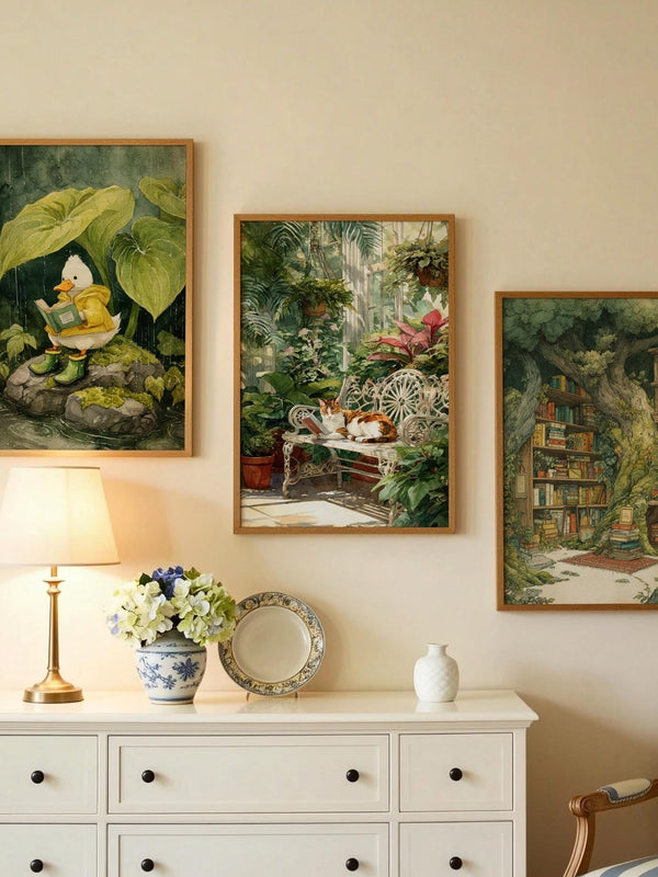 Calico Cat in Conservatory Garden Print | Cozy Wall Decor | Book Lover Gift | Book Nook Poster | Book Art | Aesthetic Room Art | Home Decor - Book Poster Art Print Decor Bookish