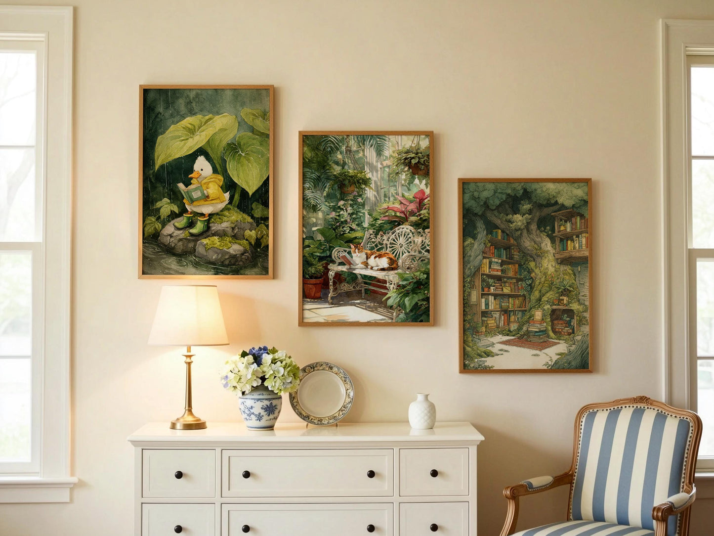 Calico Cat in Conservatory Garden Print | Cozy Wall Decor | Book Lover Gift | Book Nook Poster | Book Art | Aesthetic Room Art | Home Decor - Book Poster Art Print Decor Bookish