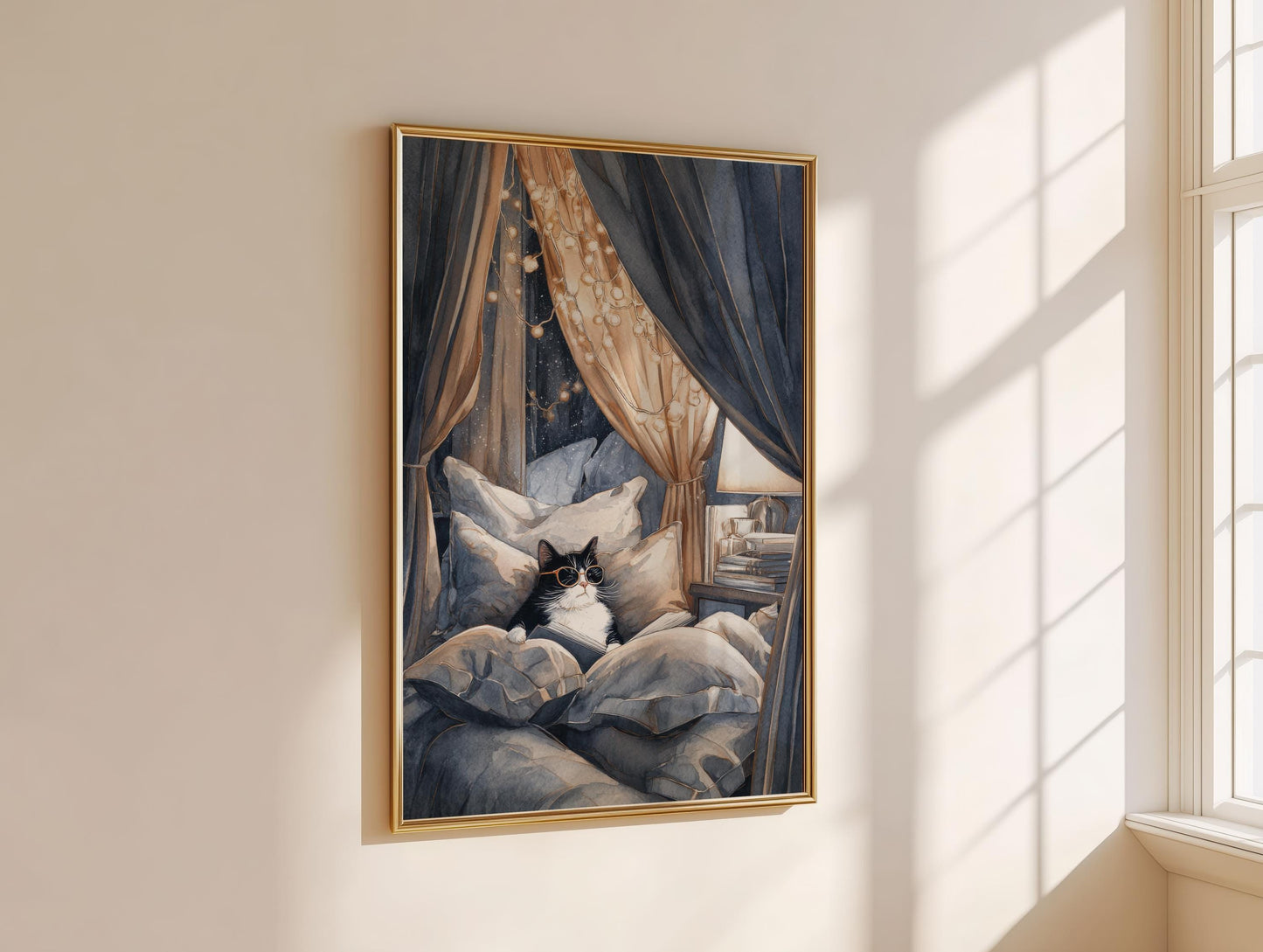 Tuxedo Cat in Cozy Bed Fort Print | Cozy Wall Decor | Book Lover Gift | Book Nook Poster | Book Art | Aesthetic Room Art | Reader Home Decor - Book Poster Art Print Decor Bookish