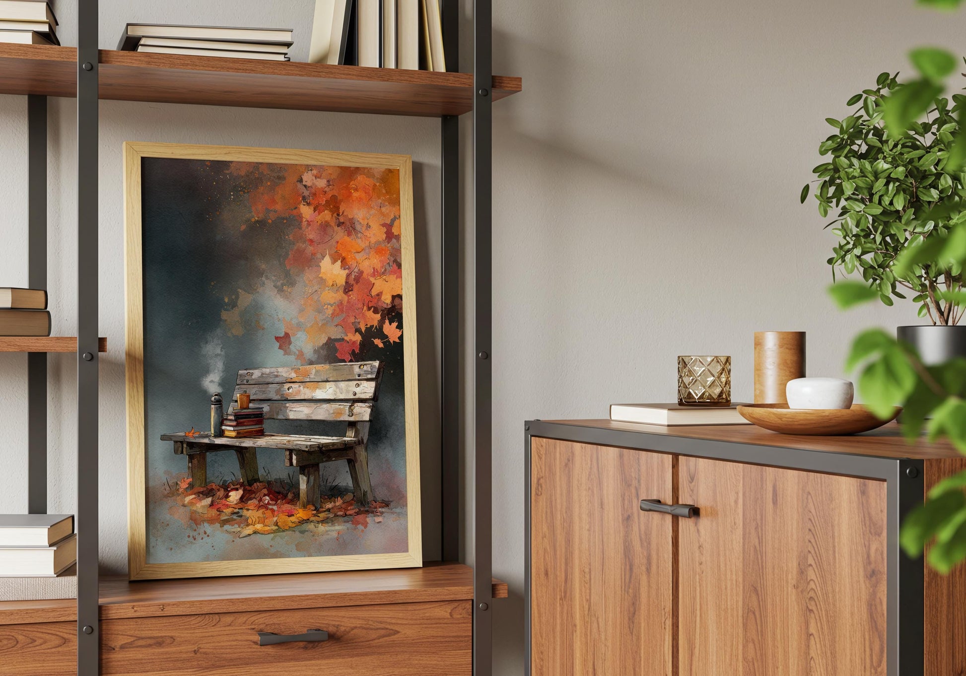 Autumn Park Bench Library Print | Cozy Wall Decor | Book Lover Gift | Book Nook Poster | Book Art | Aesthetic Room Art | Reader Home Decor - Book Poster Art Print Decor Bookish