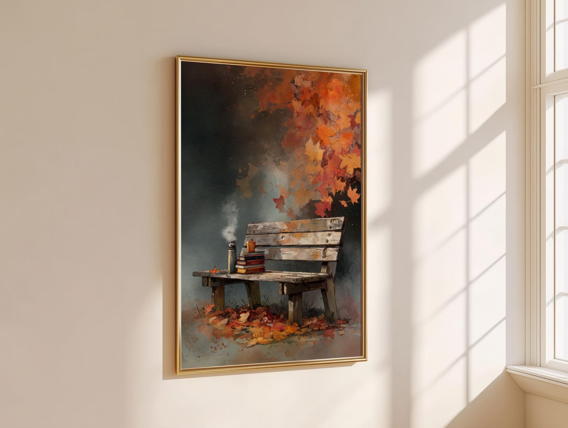 Autumn Park Bench Library Print | Cozy Wall Decor | Book Lover Gift | Book Nook Poster | Book Art | Aesthetic Room Art | Reader Home Decor - Book Poster Art Print Decor Bookish