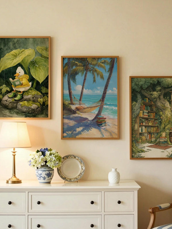 Tropical Beach Hammock Library Print | Cozy Wall Decor | Book Lover Gift | Book Nook Poster | Book Art | Aesthetic Room Art | Home Decor - Book Poster Art Print Decor Bookish