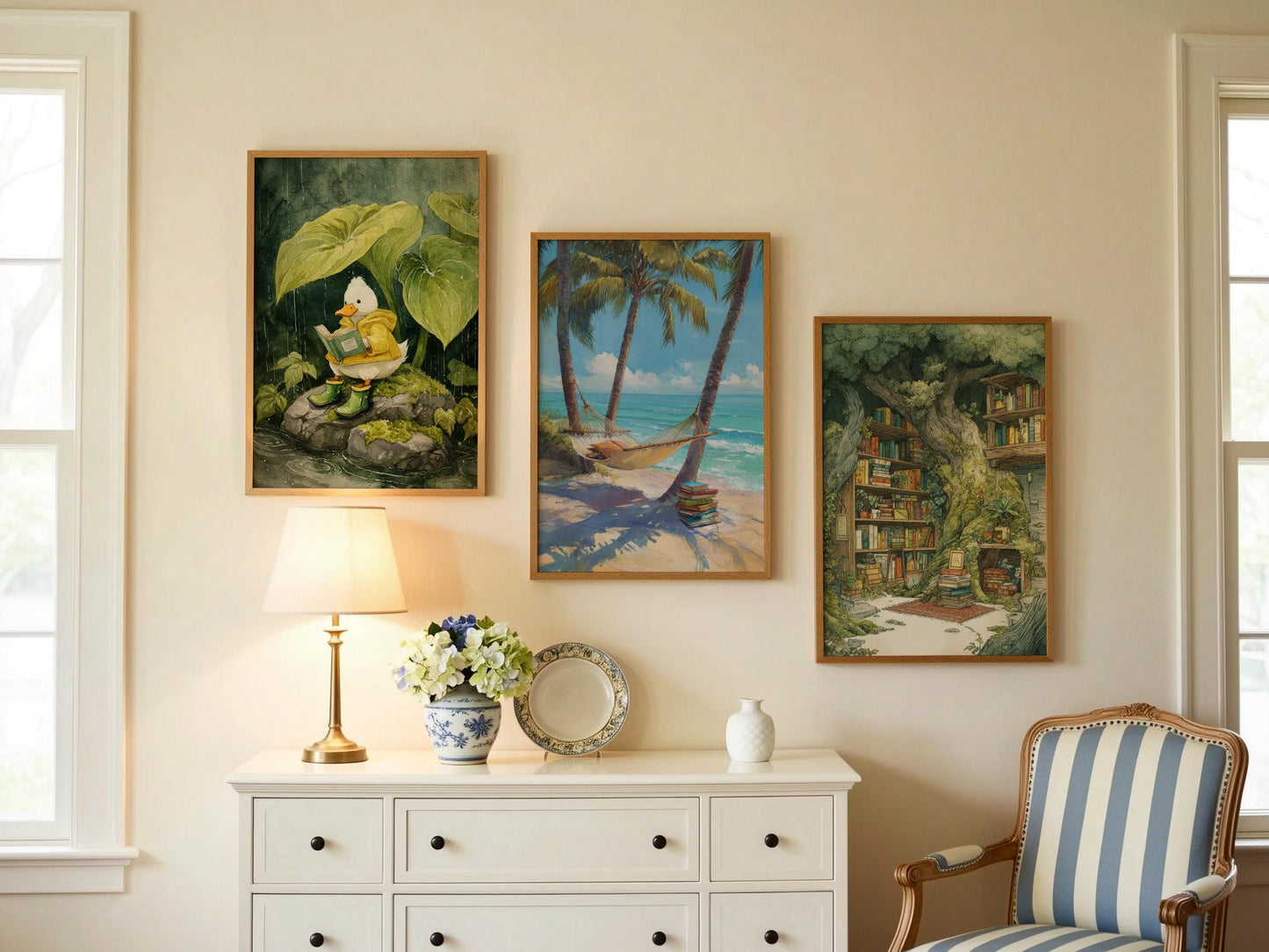Tropical Beach Hammock Library Print | Cozy Wall Decor | Book Lover Gift | Book Nook Poster | Book Art | Aesthetic Room Art | Home Decor - Book Poster Art Print Decor Bookish