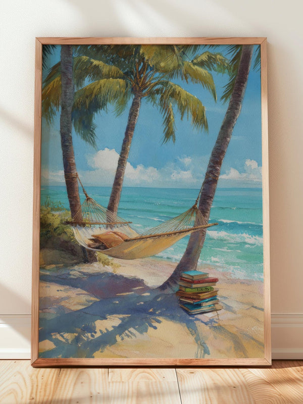 Tropical Beach Hammock Library Print | Cozy Wall Decor | Book Lover Gift | Book Nook Poster | Book Art | Aesthetic Room Art | Home Decor - Book Poster Art Print Decor Bookish