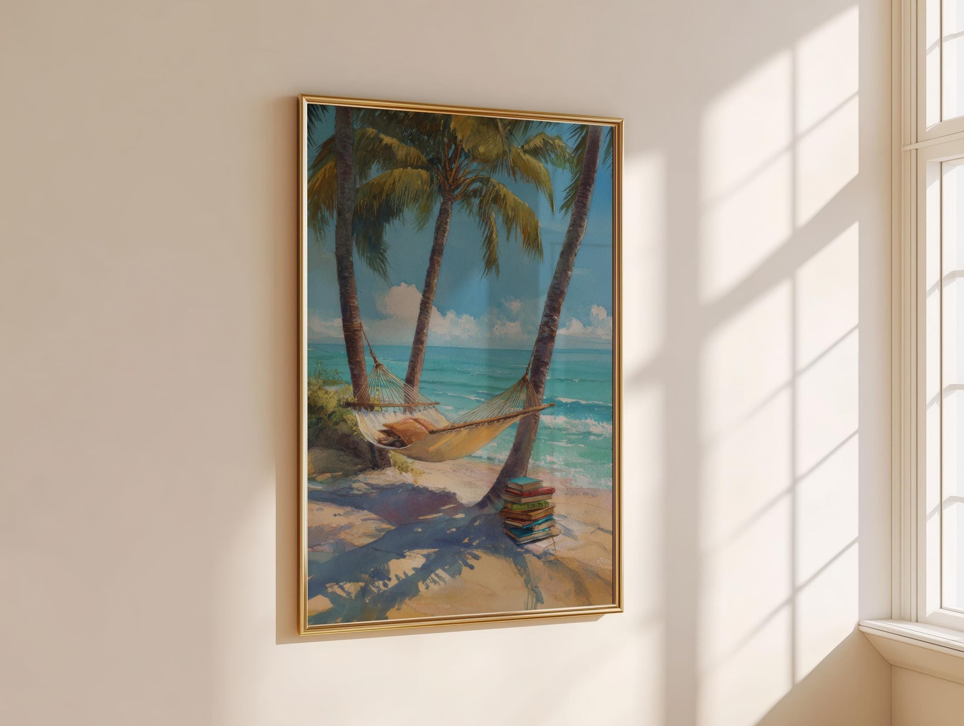 Tropical Beach Hammock Library Print | Cozy Wall Decor | Book Lover Gift | Book Nook Poster | Book Art | Aesthetic Room Art | Home Decor - Book Poster Art Print Decor Bookish
