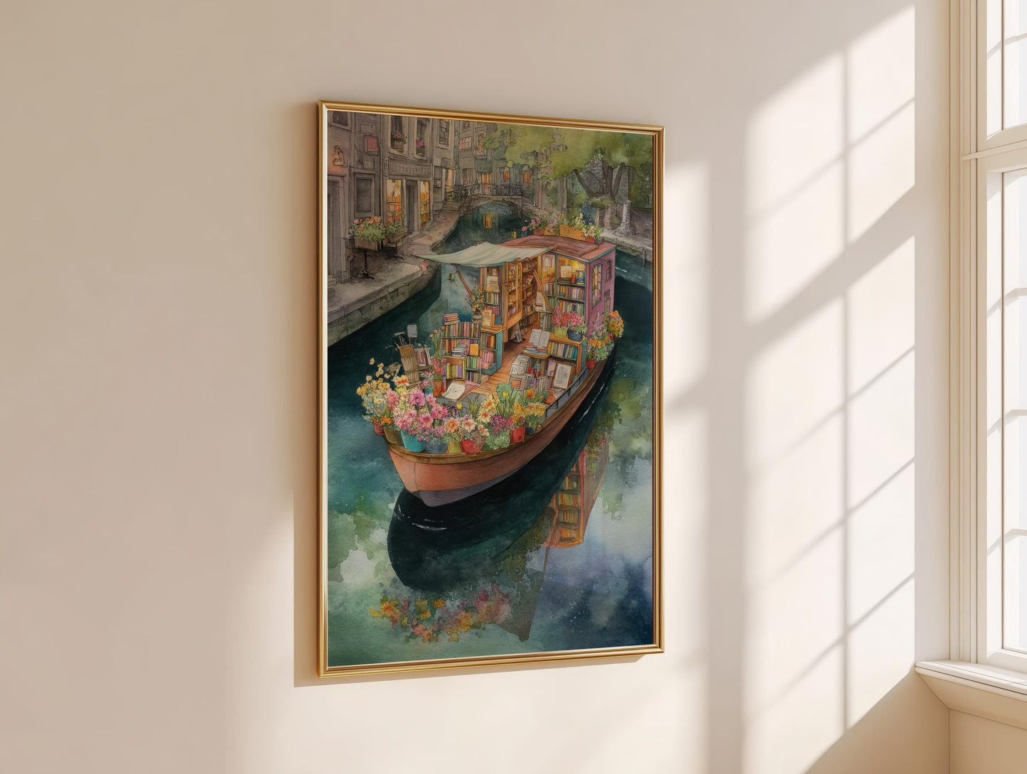Pink Canal Boat Bookshop Print | Cozy Wall Decor | Book Lover Gift | Book Nook Poster | Book Art | Aesthetic Room Art | Home Decor - Book Poster Art Print Decor Bookish