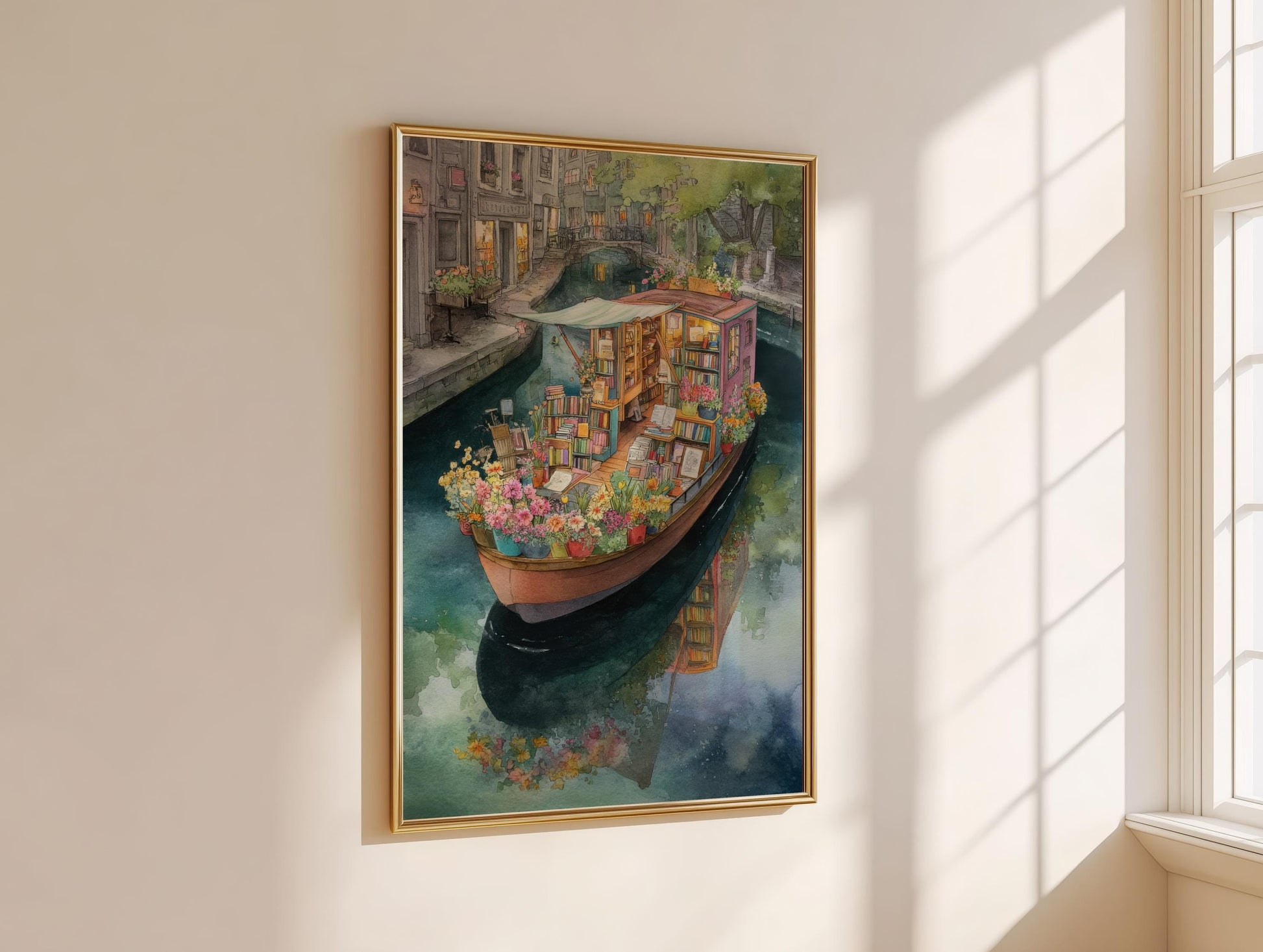 Pink Canal Boat Bookshop Print | Cozy Wall Decor | Book Lover Gift | Book Nook Poster | Book Art | Aesthetic Room Art | Home Decor - Book Poster Art Print Decor Bookish