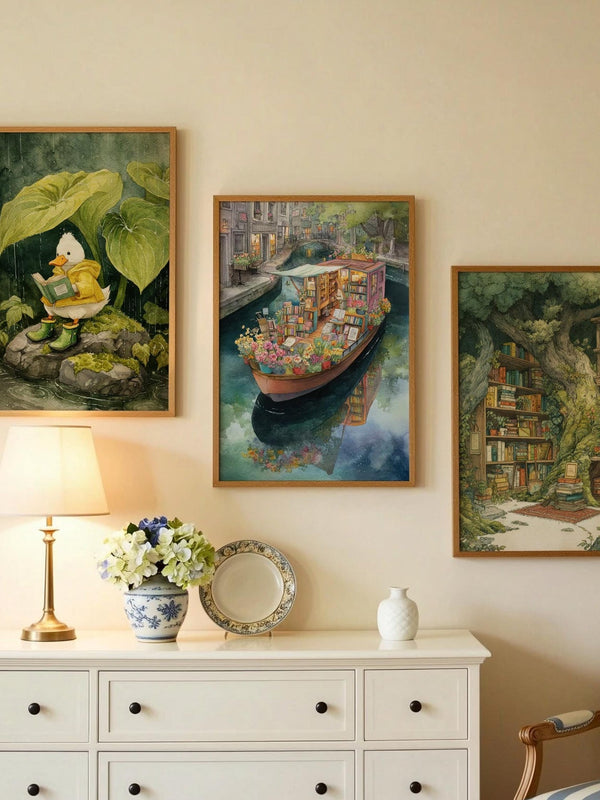 Pink Canal Boat Bookshop Print | Cozy Wall Decor | Book Lover Gift | Book Nook Poster | Book Art | Aesthetic Room Art | Home Decor - Book Poster Art Print Decor Bookish