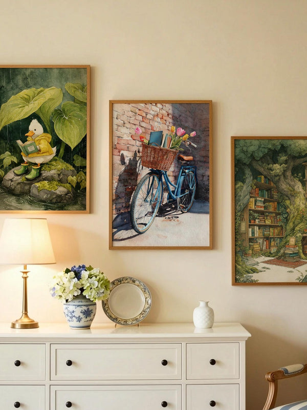 Vintage Bicycle Flower Basket Book Print | Cozy Wall Decor | Book Lover Gift | Book Nook Poster | Book Art | Aesthetic Room Art | Home Decor - Book Poster Art Print Decor Bookish