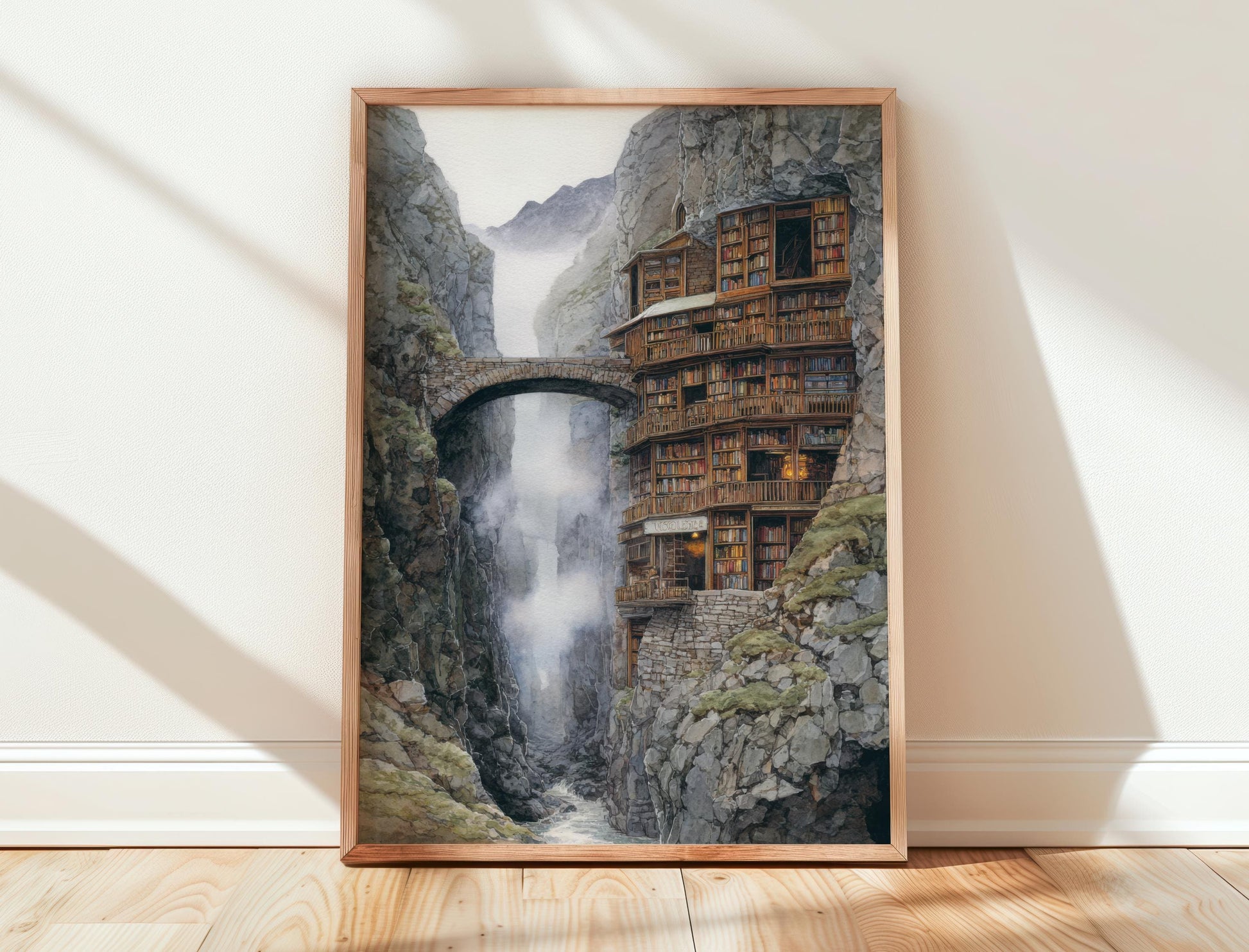 Fantasy Mountain Cliff Library Print | Cozy Wall Decor | Book Lover Gift | Book Nook Poster | Book Art | Aesthetic Room Art | Home Decor - Book Poster Art Print Decor Bookish