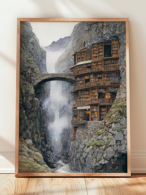 Fantasy Mountain Cliff Library Print | Cozy Wall Decor | Book Lover Gift | Book Nook Poster | Book Art | Aesthetic Room Art | Home Decor - Book Poster Art Print Decor Bookish