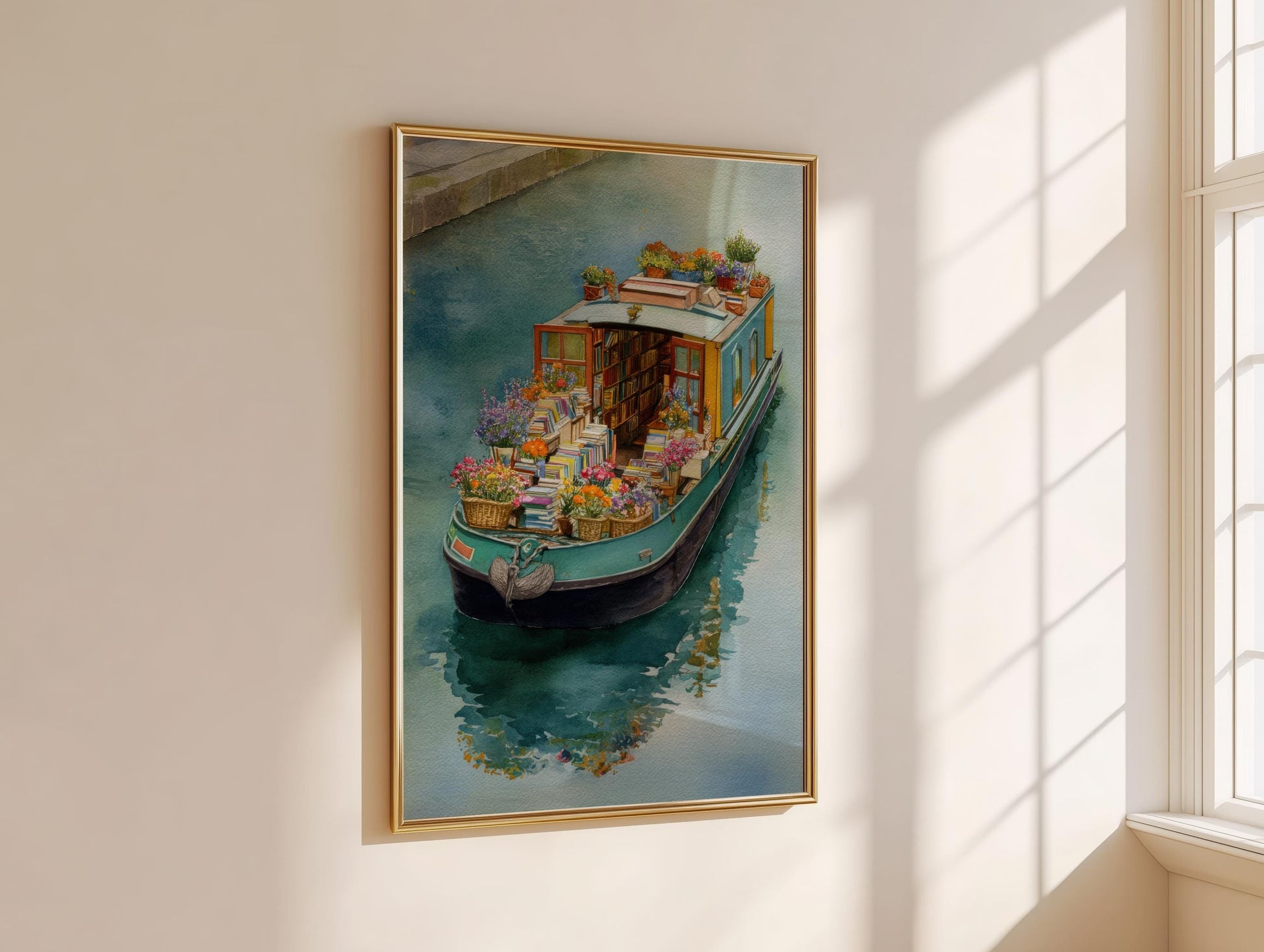 Teal Floating Garden Book Boat Print | Cozy Wall Decor | Book Lover Gift | Book Nook Poster | Book Art | Aesthetic Room Art | Home Decor - Book Poster Art Print Decor Bookish