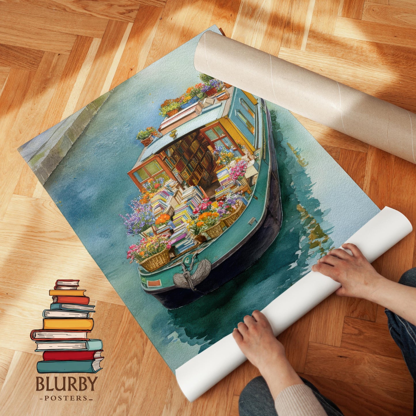 Teal Floating Garden Book Boat Print | Cozy Wall Decor | Book Lover Gift | Book Nook Poster | Book Art | Aesthetic Room Art | Home Decor - Book Poster Art Print Decor Bookish