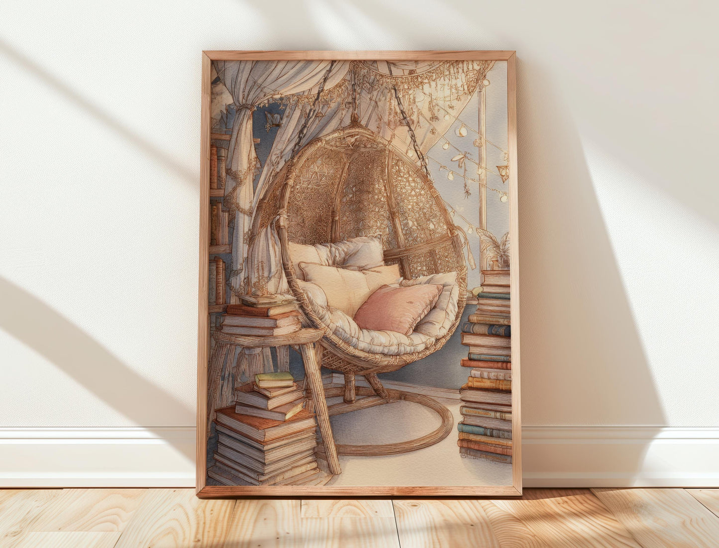 Boho Macrame Chair Reading Nook Print | Cozy Wall Decor | Book Lover Gift | Book Nook Poster | Book Art | Aesthetic Room Art | Home Decor - Book Poster Art Print Decor Bookish