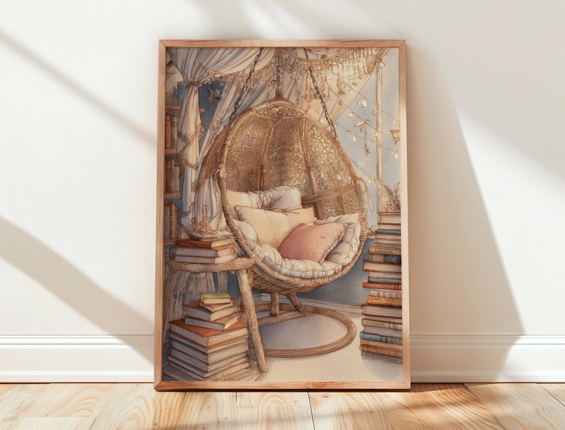 Boho Macrame Chair Reading Nook Print | Cozy Wall Decor | Book Lover Gift | Book Nook Poster | Book Art | Aesthetic Room Art | Home Decor - Book Poster Art Print Decor Bookish
