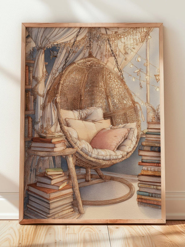 Boho Macrame Chair Reading Nook Print | Cozy Wall Decor | Book Lover Gift | Book Nook Poster | Book Art | Aesthetic Room Art | Home Decor - Book Poster Art Print Decor Bookish