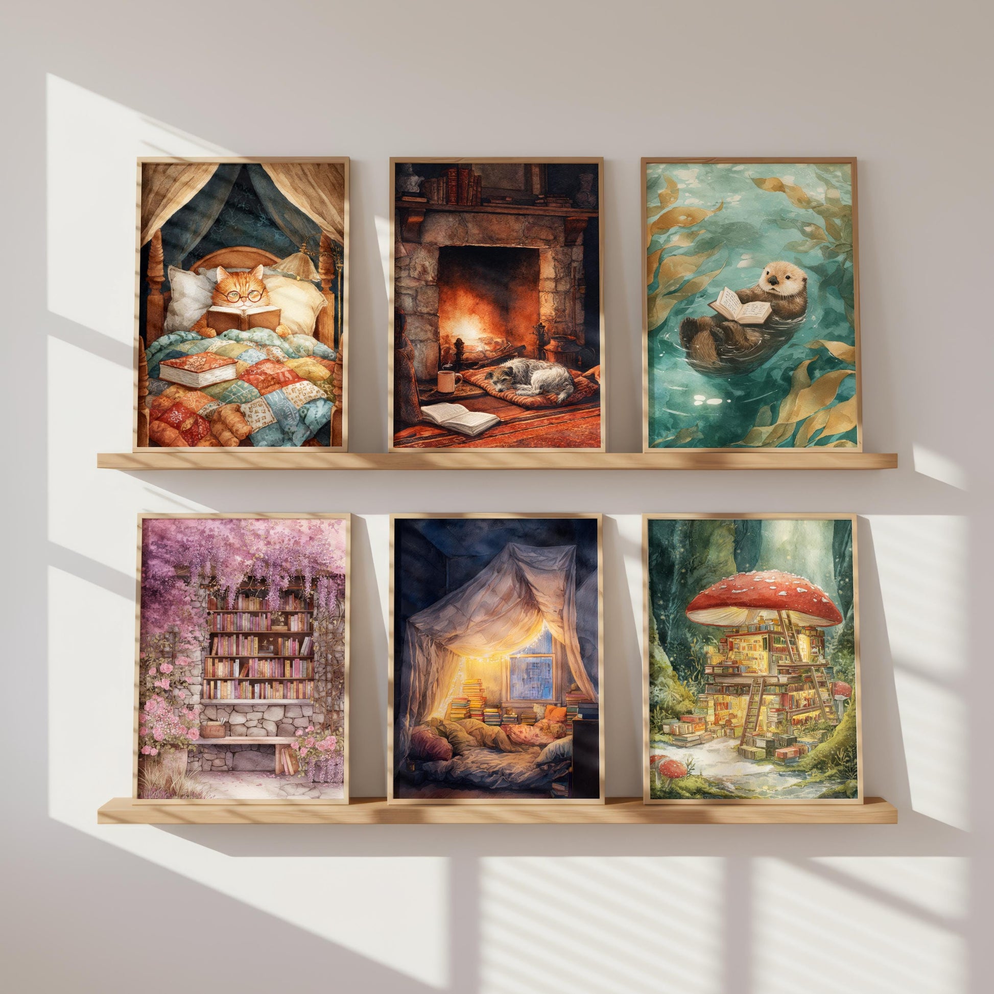 Cosy Dog by Fireplace Print | Cozy Wall Decor | Book Lover Gift | Book Nook Poster | Book Art | Aesthetic Room Art | Reader Home Decor - Book Poster Art Print Decor Bookish