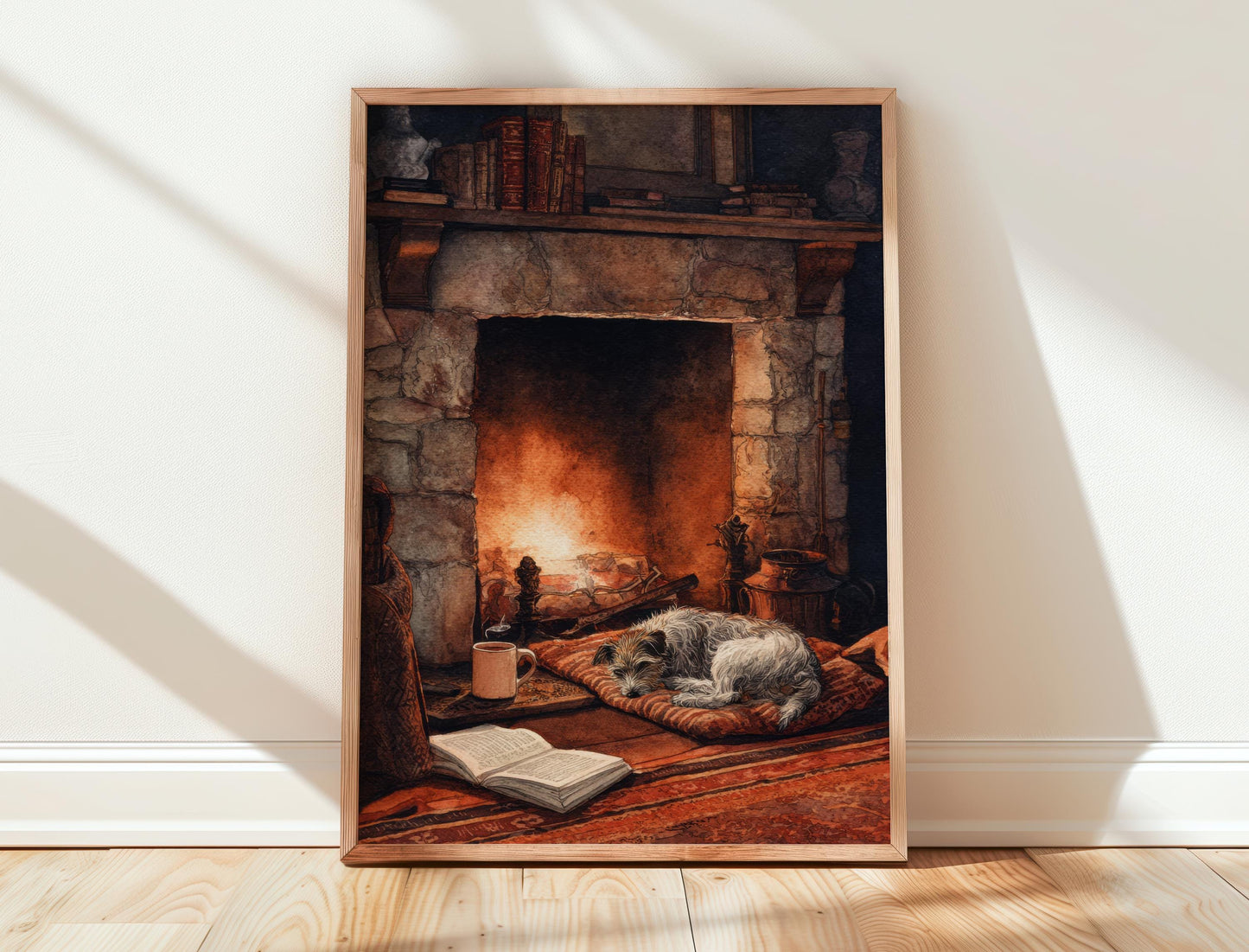 Cosy Dog by Fireplace Print | Cozy Wall Decor | Book Lover Gift | Book Nook Poster | Book Art | Aesthetic Room Art | Reader Home Decor - Book Poster Art Print Decor Bookish