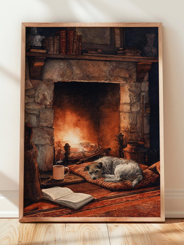 Cosy Dog by Fireplace Print | Cozy Wall Decor | Book Lover Gift | Book Nook Poster | Book Art | Aesthetic Room Art | Reader Home Decor - Book Poster Art Print Decor Bookish