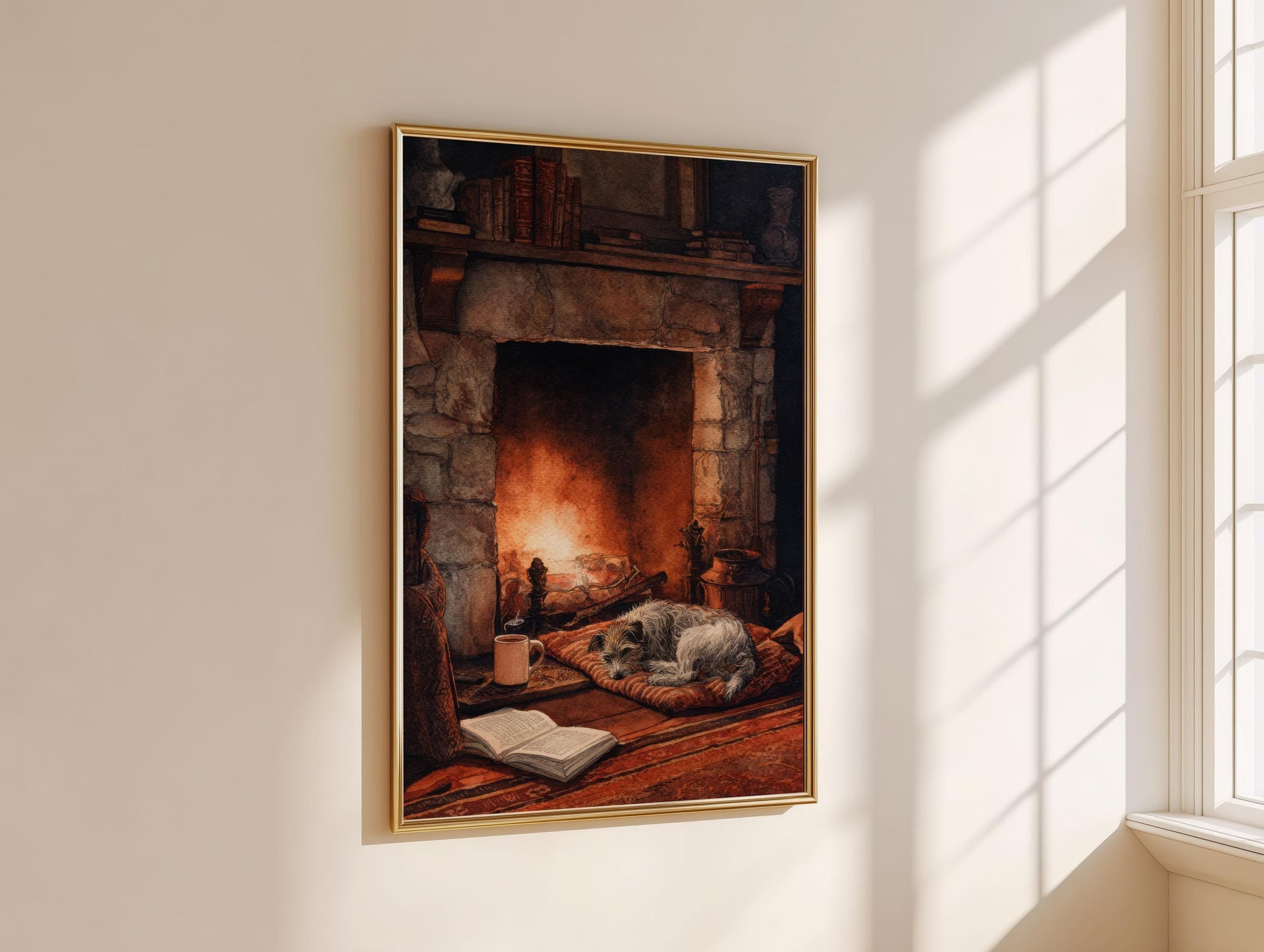 Cosy Dog by Fireplace Print | Cozy Wall Decor | Book Lover Gift | Book Nook Poster | Book Art | Aesthetic Room Art | Reader Home Decor - Book Poster Art Print Decor Bookish