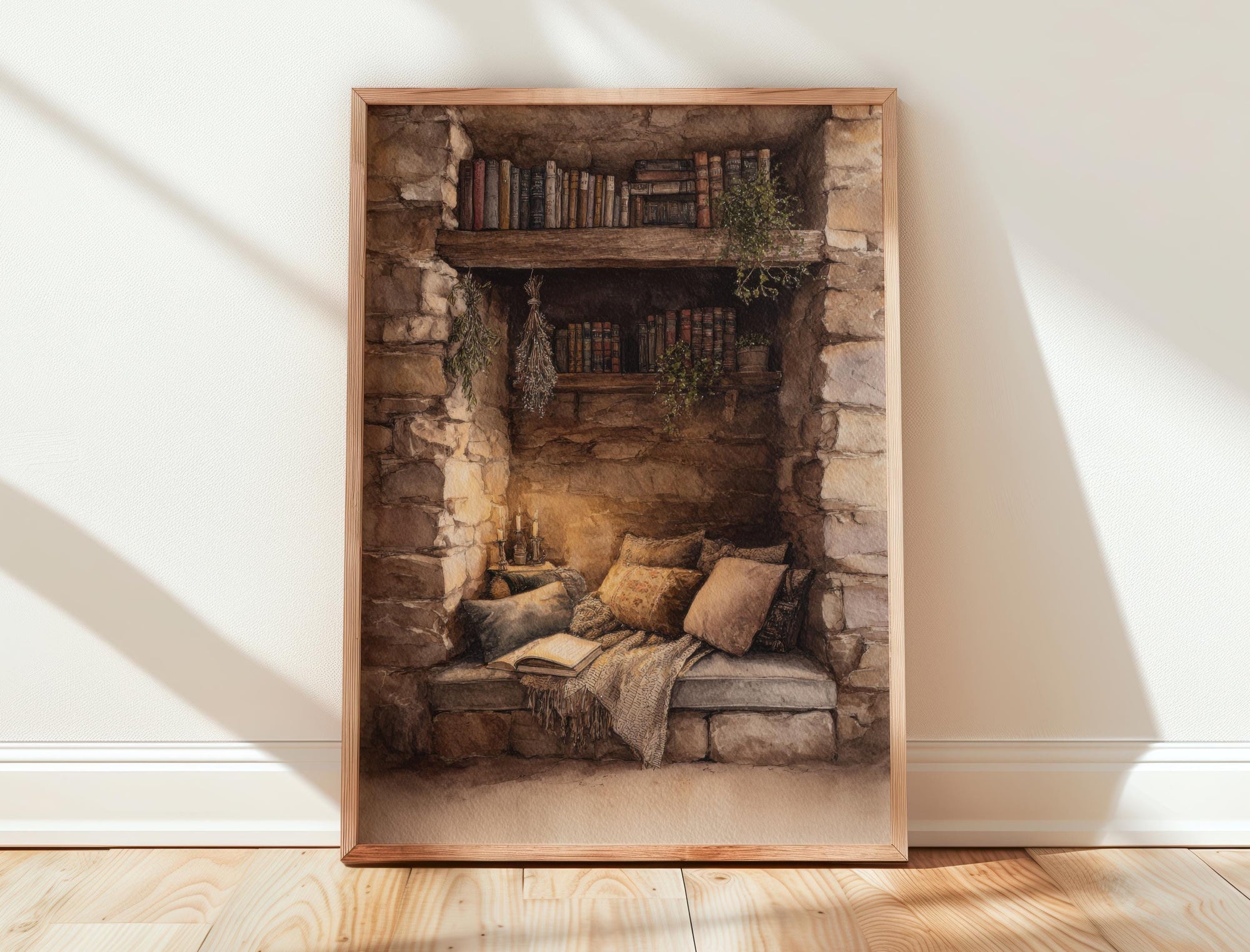 Cosy Stone Wall Reading Nook Print | Cozy Wall Decor | Book Lover Gift | Book Nook Poster | Book Art | Aesthetic Room Art | Reader Home Art - Book Poster Art Print Decor Bookish