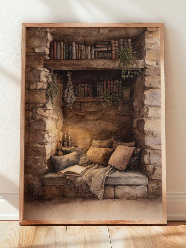 Cosy Stone Wall Reading Nook Print | Cozy Wall Decor | Book Lover Gift | Book Nook Poster | Book Art | Aesthetic Room Art | Reader Home Art - Book Poster Art Print Decor Bookish