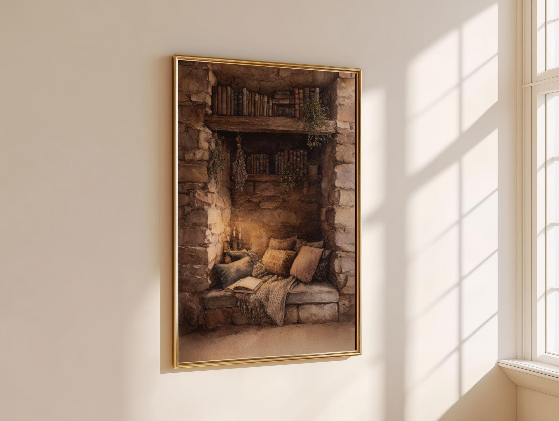 Cosy Stone Wall Reading Nook Print | Cozy Wall Decor | Book Lover Gift | Book Nook Poster | Book Art | Aesthetic Room Art | Reader Home Art - Book Poster Art Print Decor Bookish