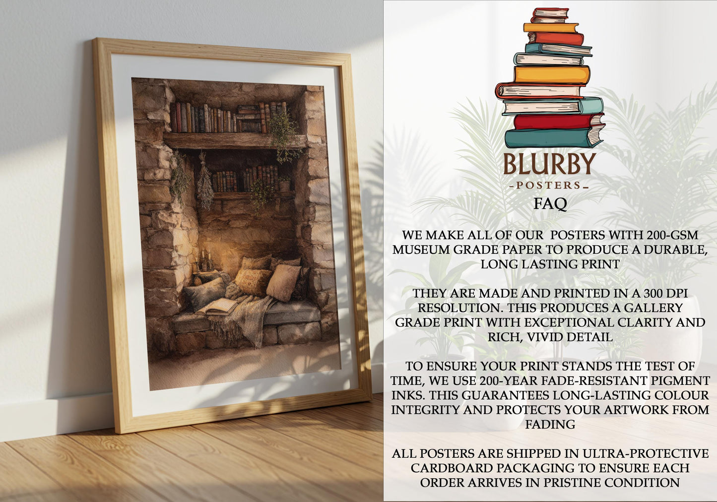Cosy Stone Wall Reading Nook Print | Cozy Wall Decor | Book Lover Gift | Book Nook Poster | Book Art | Aesthetic Room Art | Reader Home Art - Book Poster Art Print Decor Bookish