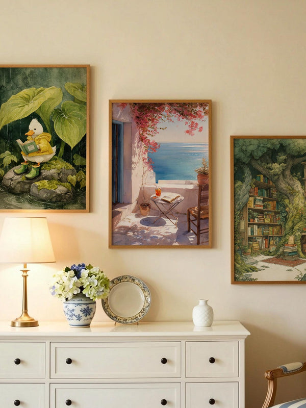 Mediterranean Sea View Balcony Print | Cozy Wall Decor | Book Lover Gift | Book Nook Poster | Book Art | Aesthetic Room Art | Reader Art - Book Poster Art Print Decor Bookish