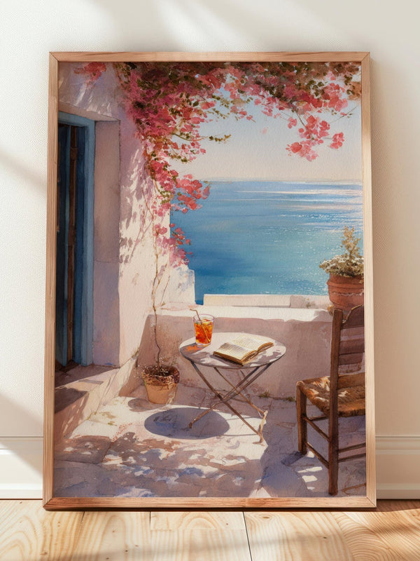 Mediterranean Sea View Balcony Print | Cozy Wall Decor | Book Lover Gift | Book Nook Poster | Book Art | Aesthetic Room Art | Reader Art - Book Poster Art Print Decor Bookish