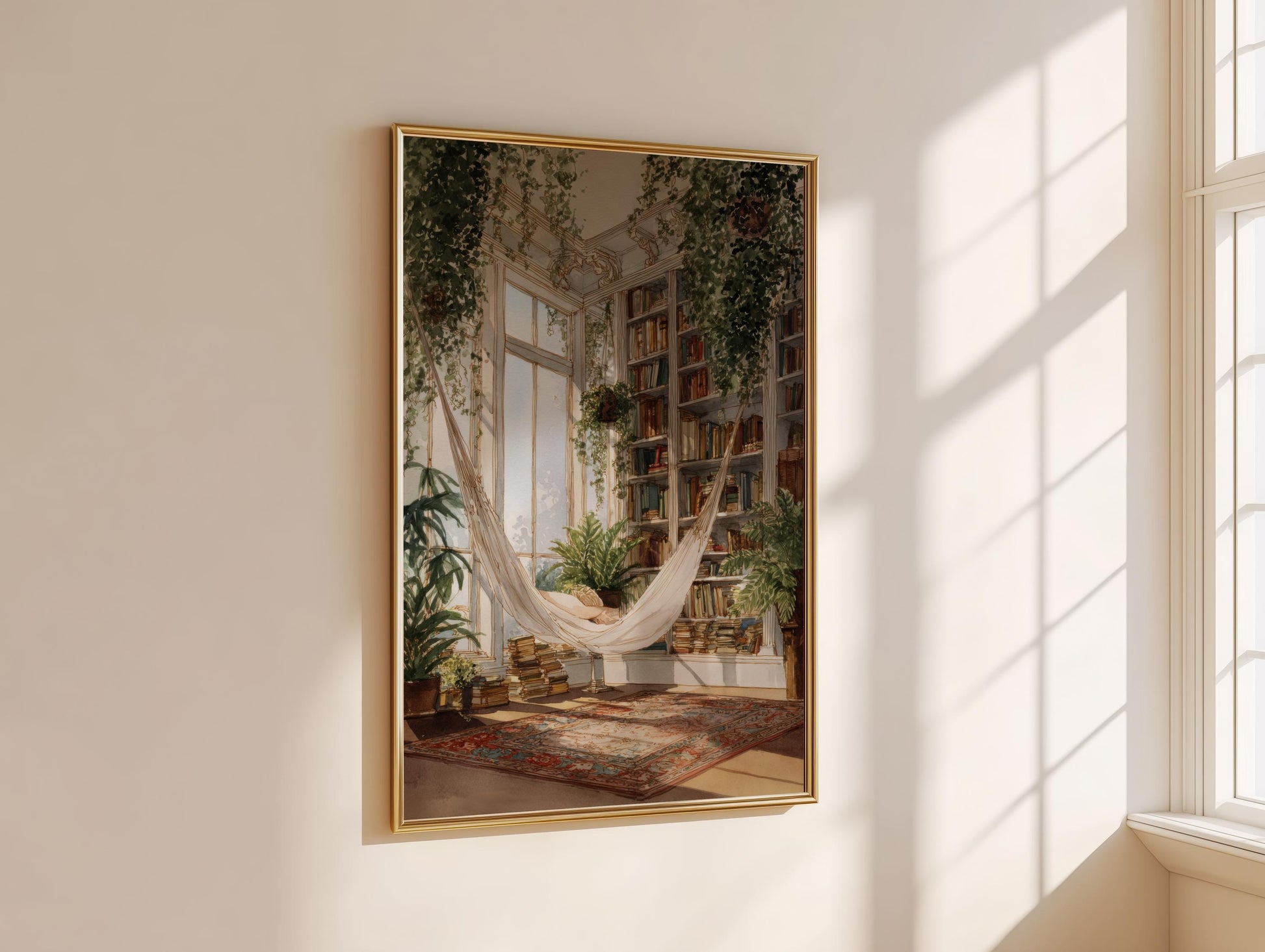 Indoor Library Hammock Print | Cozy Wall Decor | Book Lover Gift | Book Nook Poster | Book Wall Artwork | Aesthetic Room | Reader Home Decor - Book Poster Art Print Decor Bookish