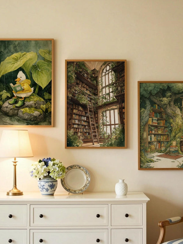Cathedral Window Library Print | Cozy Wall Decor | Book Lover Gift | Book Nook Poster | Book Wall Art | Aesthetic Room | Reader Home Decor - Book Poster Art Print Decor Bookish