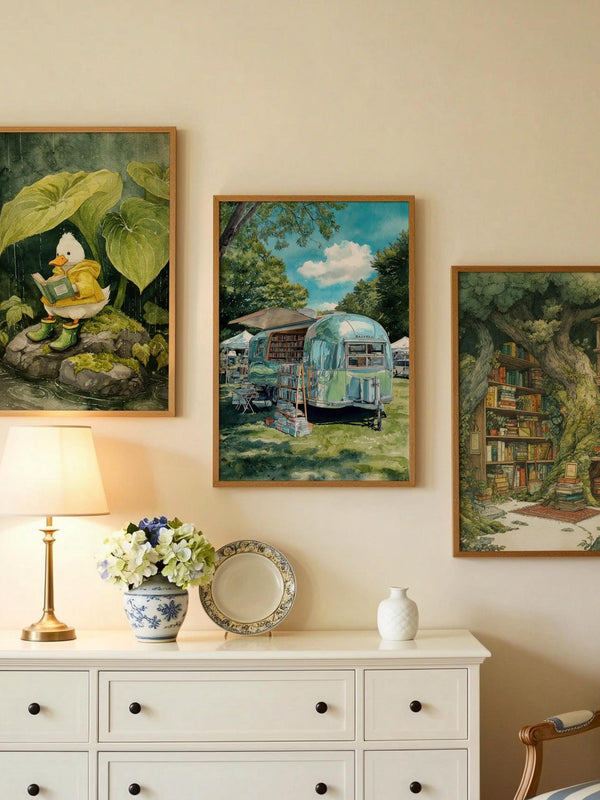 Vintage Airstream Trailer Bookshop Print | Cozy Wall Decor | Book Lover Gift | Book Nook Poster | Book Art | Aesthetic Room | Reader Decor - Book Poster Art Print Decor Bookish