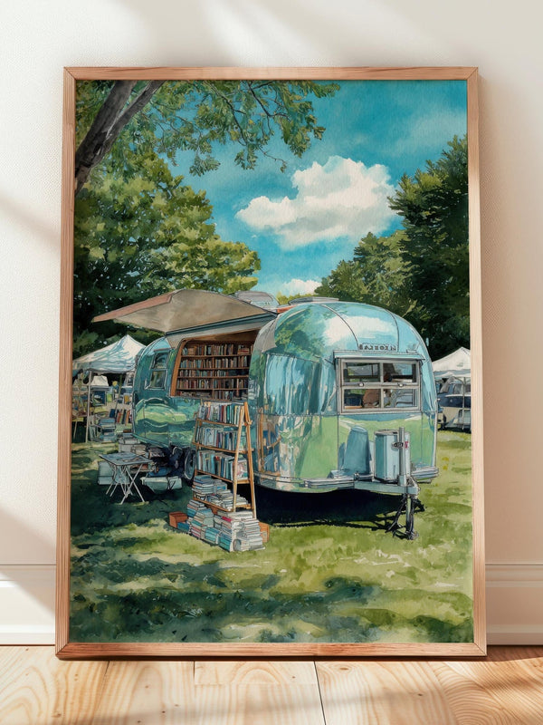 Vintage Airstream Trailer Bookshop Print | Cozy Wall Decor | Book Lover Gift | Book Nook Poster | Book Art | Aesthetic Room | Reader Decor - Book Poster Art Print Decor Bookish