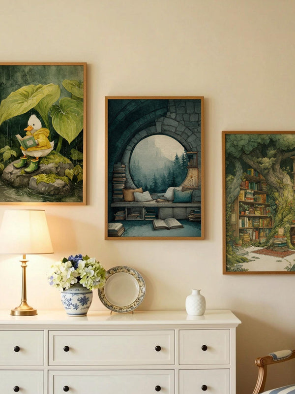 Circular Window Mountain View Library Print | Cozy Wall Decor | Book Lover Gift | Book Nook Poster | Book Art | Aesthetic Room | Reader Home - Book Poster Art Print Decor Bookish