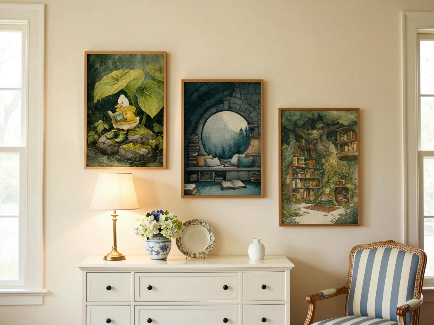 Circular Window Mountain View Library Print | Cozy Wall Decor | Book Lover Gift | Book Nook Poster | Book Art | Aesthetic Room | Reader Home - Book Poster Art Print Decor Bookish