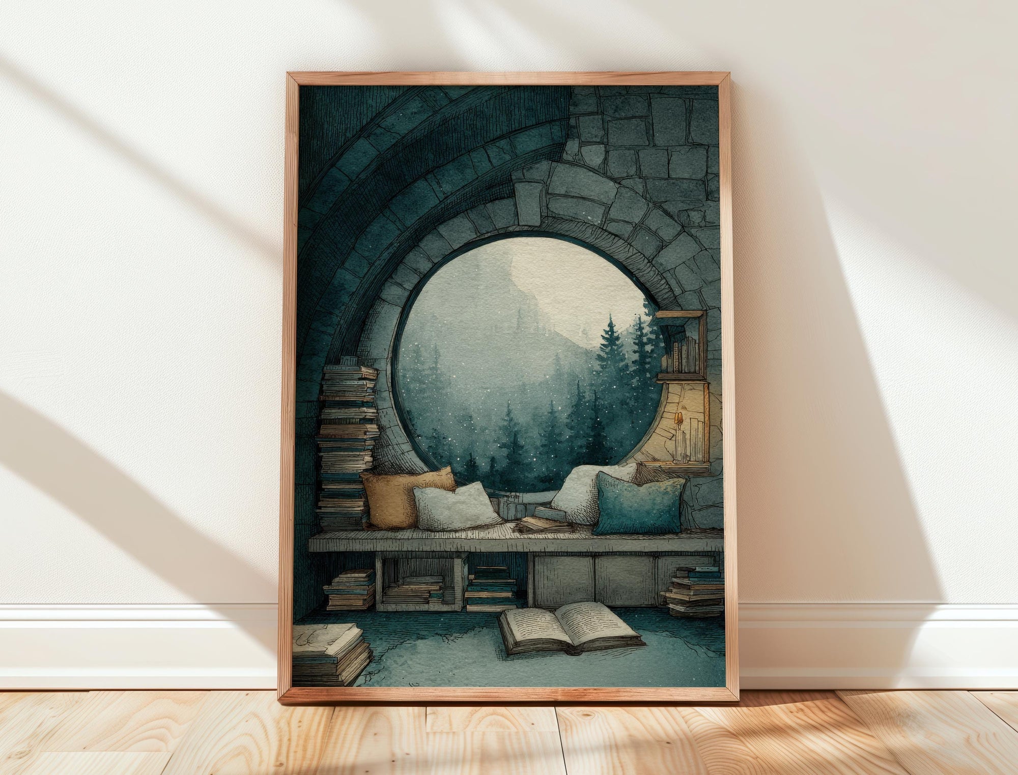 Circular Window Mountain View Library Print | Cozy Wall Decor | Book Lover Gift | Book Nook Poster | Book Art | Aesthetic Room | Reader Home - Book Poster Art Print Decor Bookish