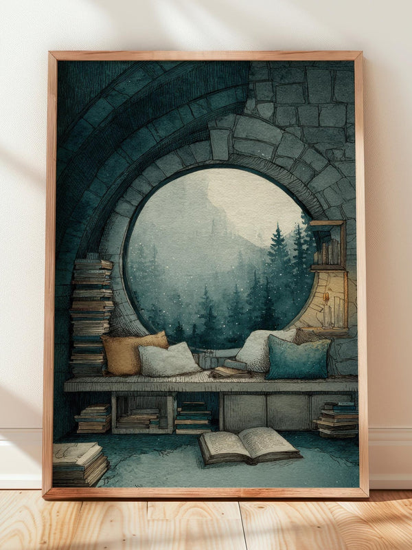 Circular Window Mountain View Library Print | Cozy Wall Decor | Book Lover Gift | Book Nook Poster | Book Art | Aesthetic Room | Reader Home - Book Poster Art Print Decor Bookish