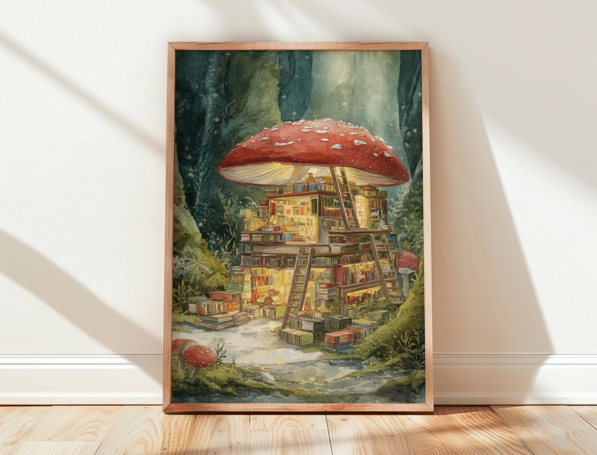 Fairytale Red Mushroom Bookshop Print | Cozy Wall Decor | Book Lover Gift | Book Nook Poster | Book Art | Aesthetic Room | Reader Home Art - Book Poster Art Print Decor Bookish