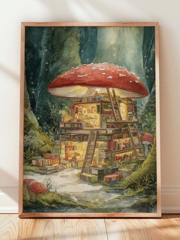 Fairytale Red Mushroom Bookshop Print | Cozy Wall Decor | Book Lover Gift | Book Nook Poster | Book Art | Aesthetic Room | Reader Home Art - Book Poster Art Print Decor Bookish