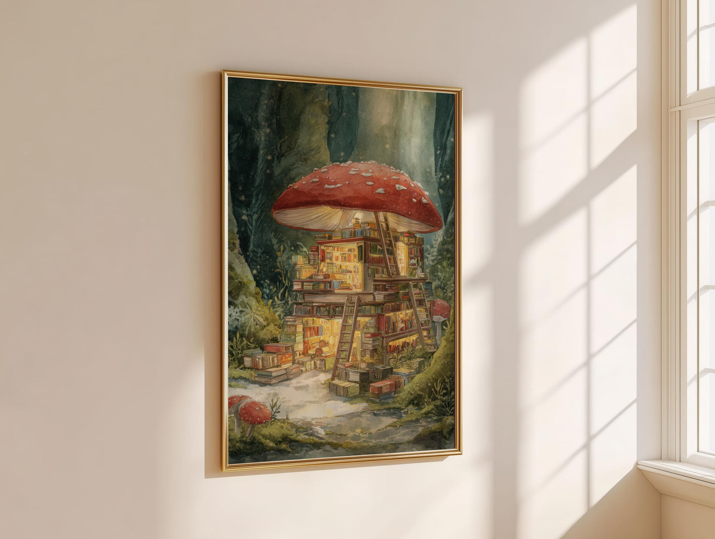 Fairytale Red Mushroom Bookshop Print | Cozy Wall Decor | Book Lover Gift | Book Nook Poster | Book Art | Aesthetic Room | Reader Home Art - Book Poster Art Print Decor Bookish
