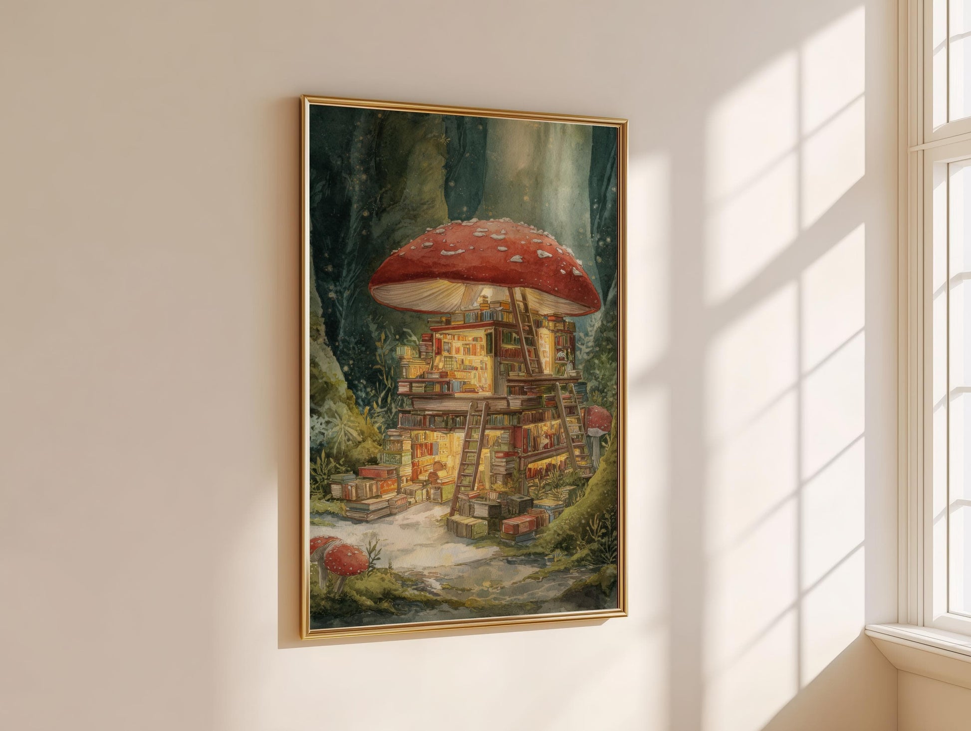 Fairytale Red Mushroom Bookshop Print | Cozy Wall Decor | Book Lover Gift | Book Nook Poster | Book Art | Aesthetic Room | Reader Home Art - Book Poster Art Print Decor Bookish
