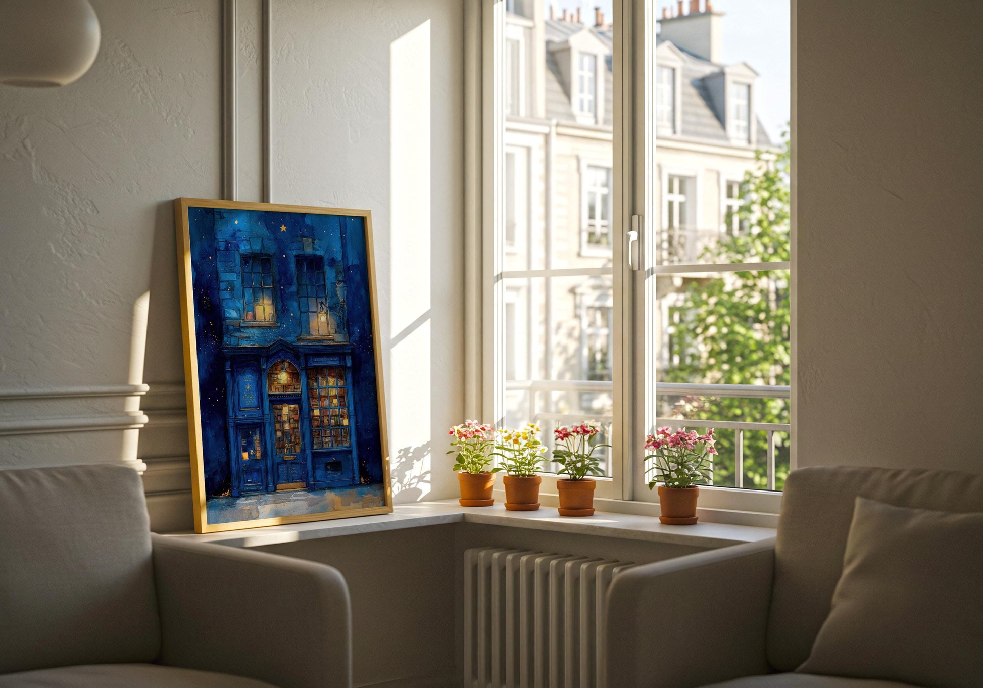 Starry Night Blue Bookshop Print | Cozy Wall Decor | Book Lover Gift | Book Nook Poster | Book Art | Aesthetic Room | Reader Home Art - Book Poster Art Print Decor Bookish