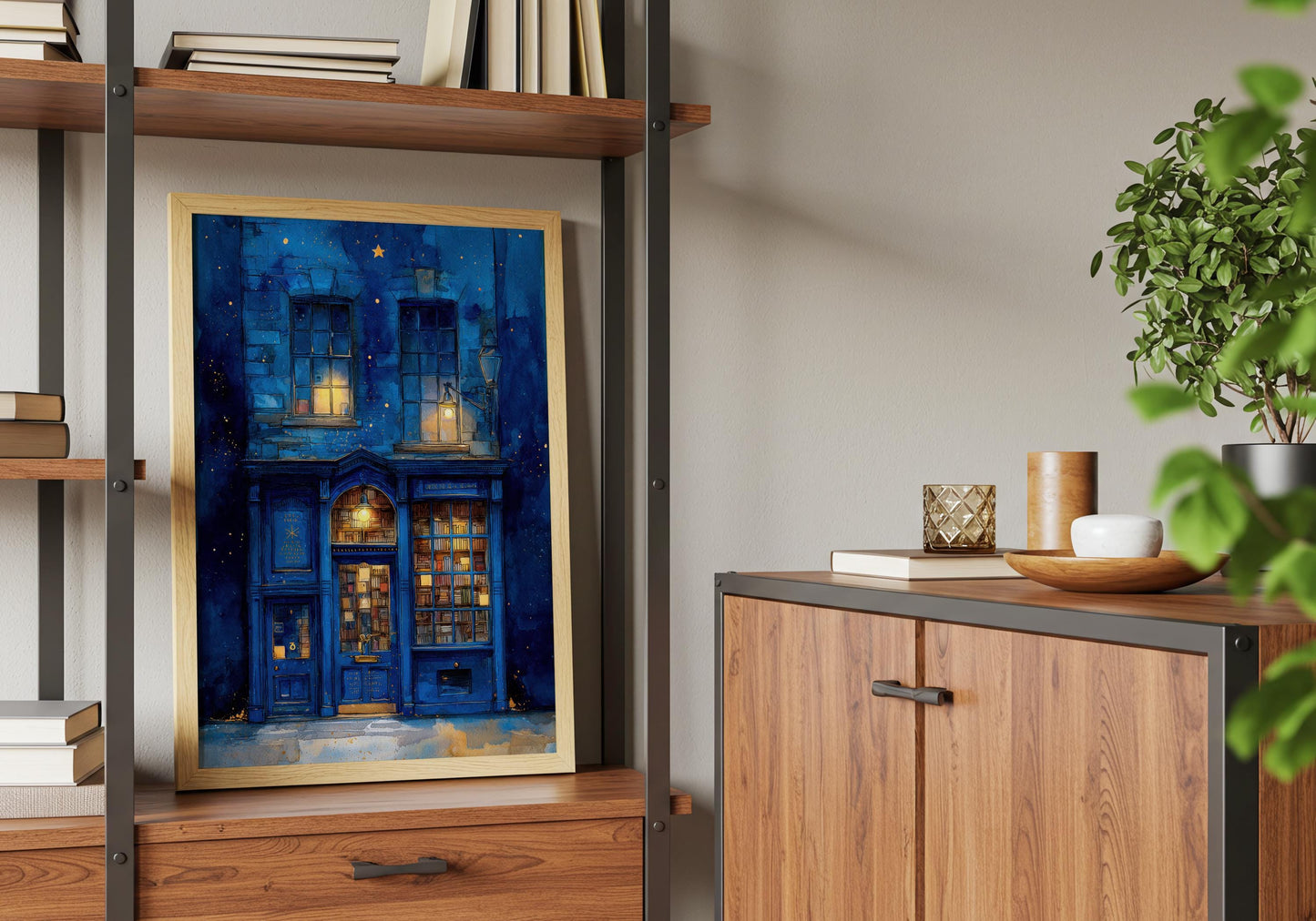 Starry Night Blue Bookshop Print | Cozy Wall Decor | Book Lover Gift | Book Nook Poster | Book Art | Aesthetic Room | Reader Home Art - Book Poster Art Print Decor Bookish