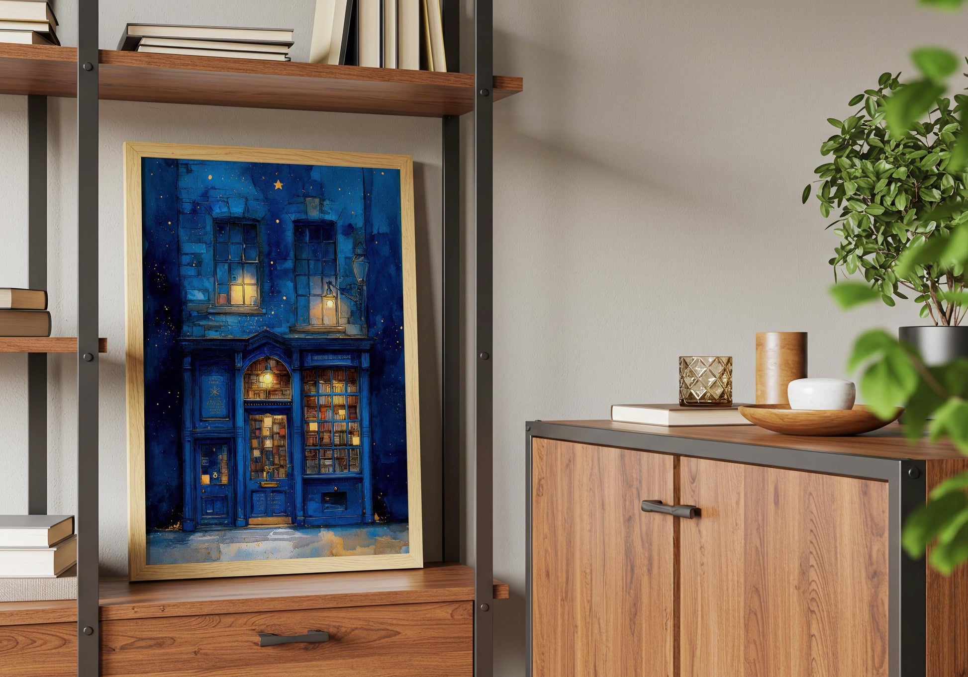 Starry Night Blue Bookshop Print | Cozy Wall Decor | Book Lover Gift | Book Nook Poster | Book Art | Aesthetic Room | Reader Home Art - Book Poster Art Print Decor Bookish