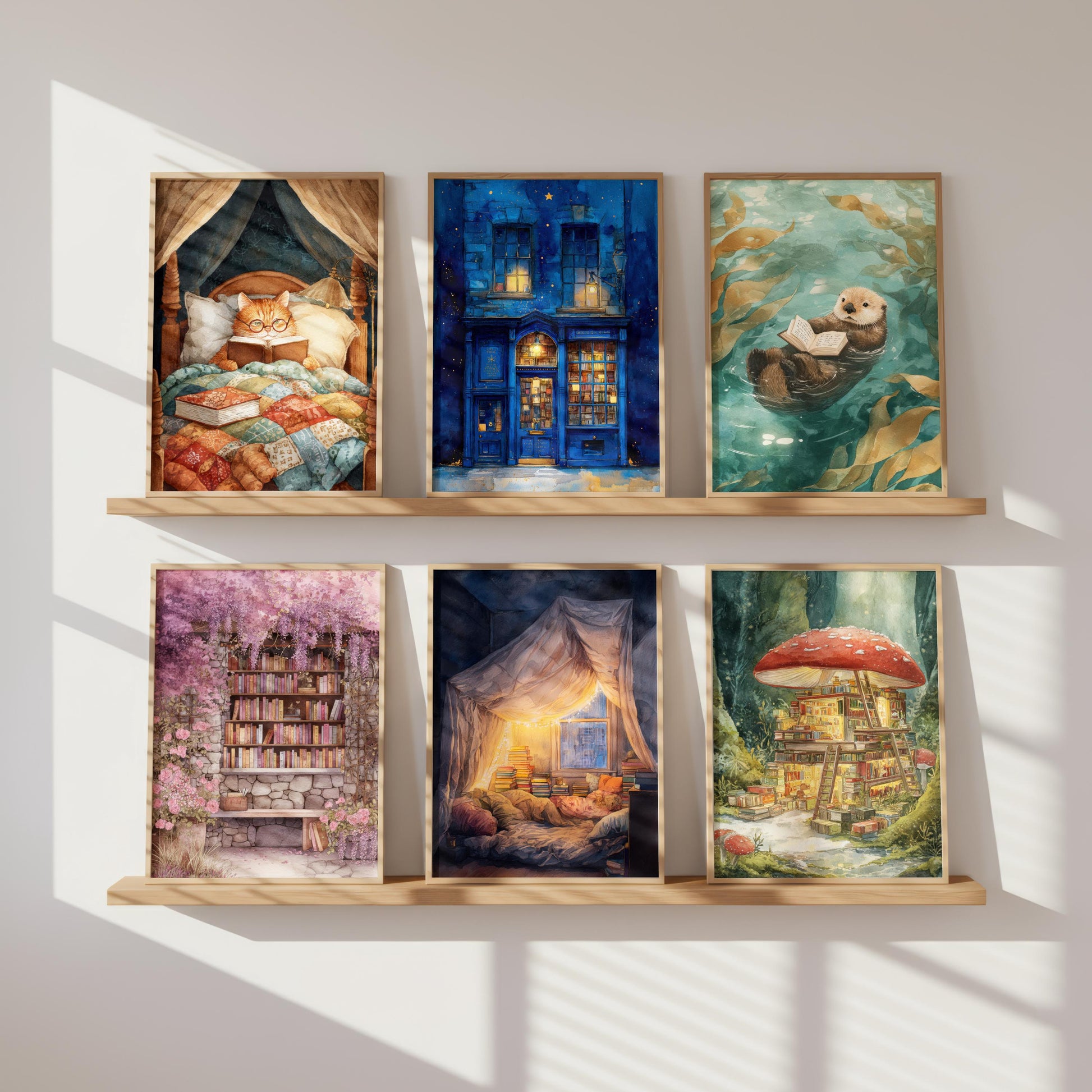 Starry Night Blue Bookshop Print | Cozy Wall Decor | Book Lover Gift | Book Nook Poster | Book Art | Aesthetic Room | Reader Home Art - Book Poster Art Print Decor Bookish